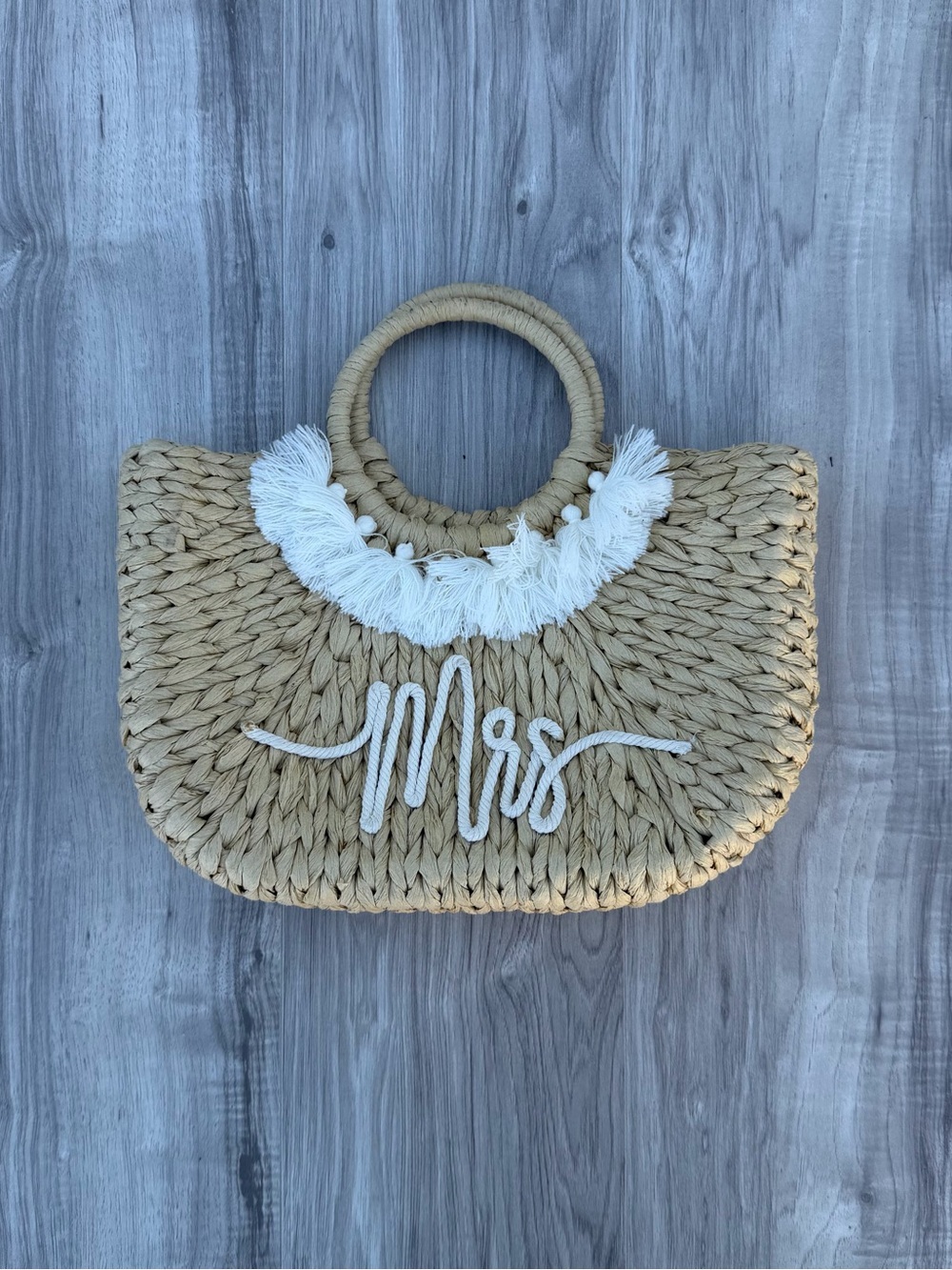 Shiraleah Woven Straw 'Mrs' Tote Bag with White Fringe Accent
